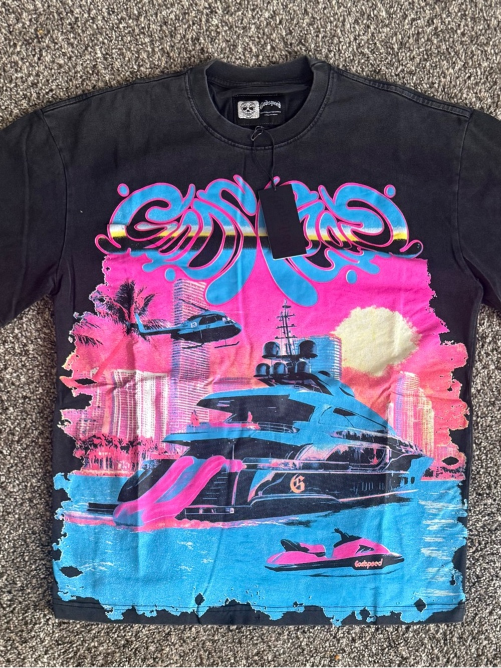 Men's Black Graphic Dress Shirt with Pink & Blue Yacht Print